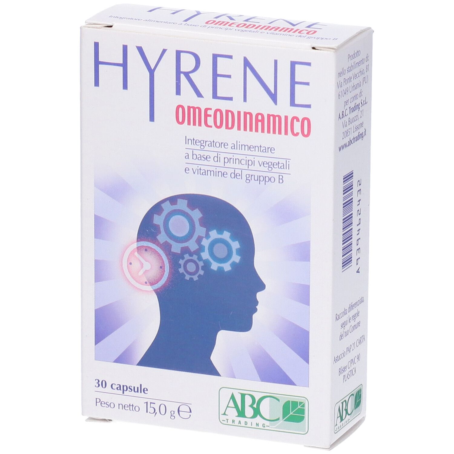 Scatola di capsule HYRENE OMEODINAMICO. 30 capsule. Logo ABC Trading.