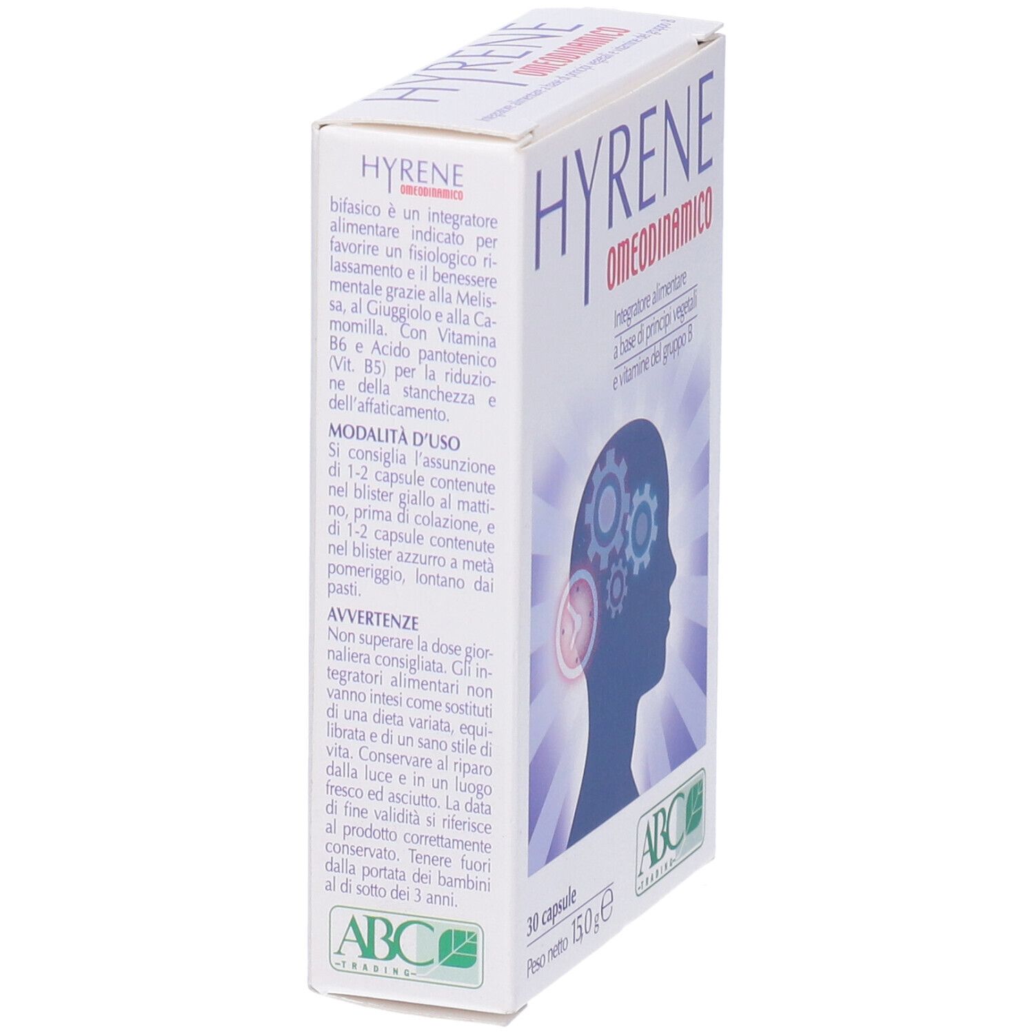 Scatola di capsule HYRENE OMEODINAMICO. 30 capsule. Logo ABC Trading.