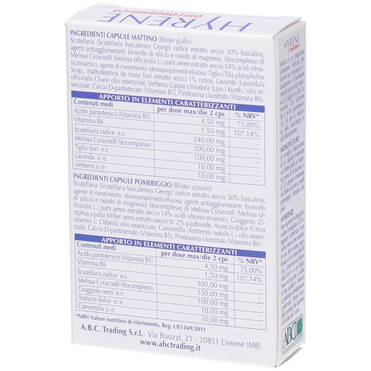 Scatola di capsule HYRENE OMEODINAMICO. 30 capsule. Logo ABC Trading.