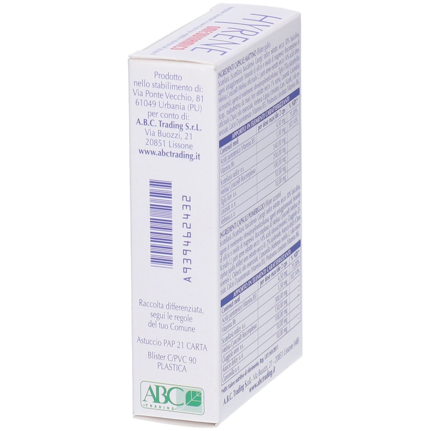 Retro della scatola di capsule. Ingredienti e informazioni nutrizionali. Logo ABC Trading.