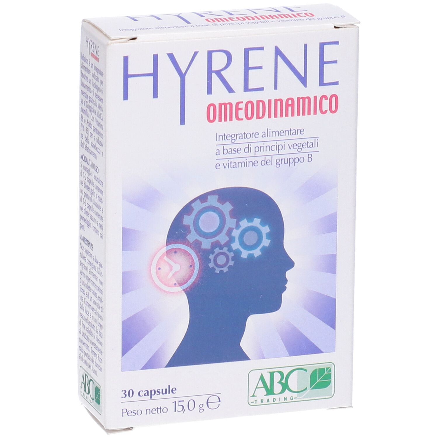 Scatola di capsule HYRENE OMEODINAMICO. 30 capsule. Logo ABC Trading.