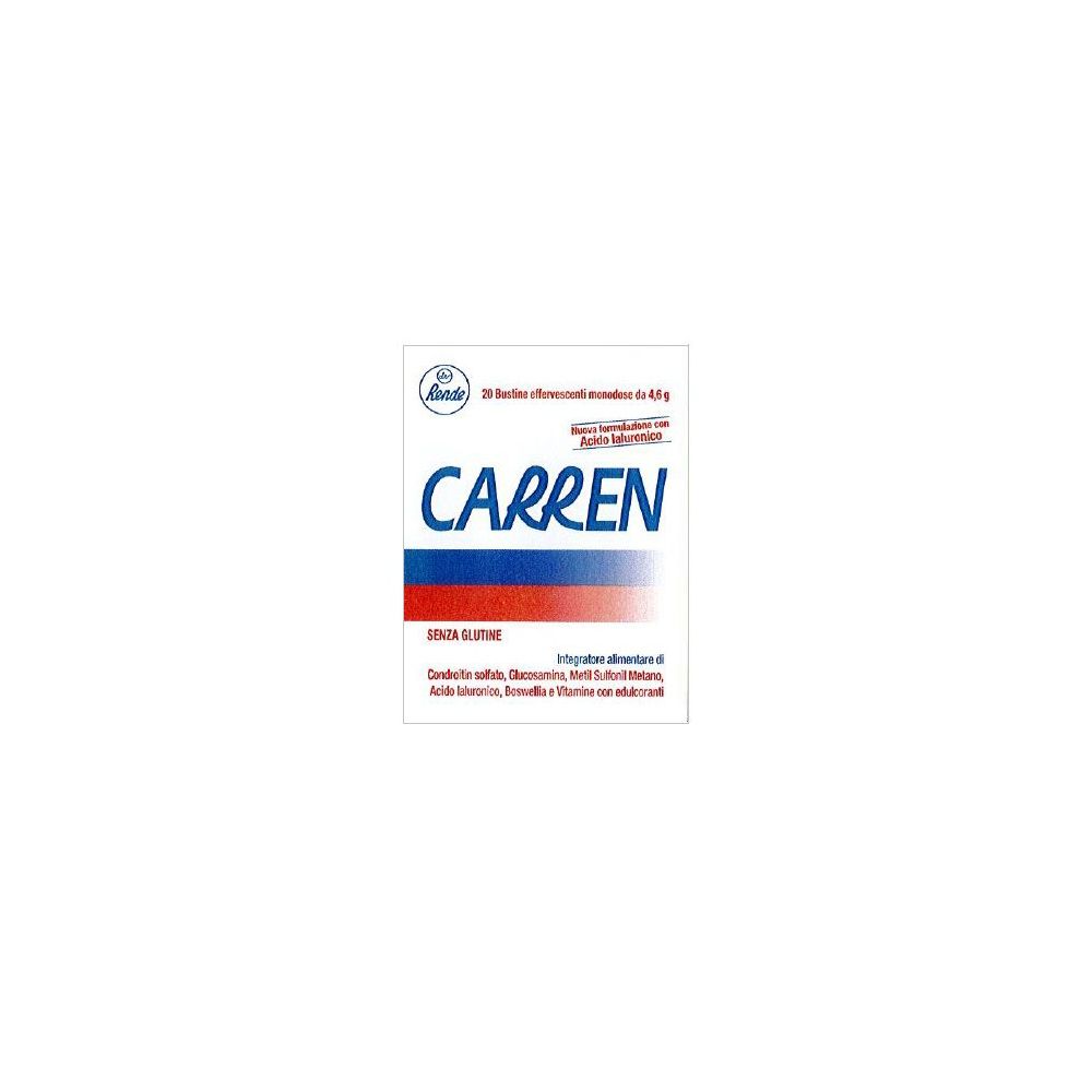 Scatola "Carren" con 20 bustine effervescenti. Strisce rosse e blu. "Senza glutine".