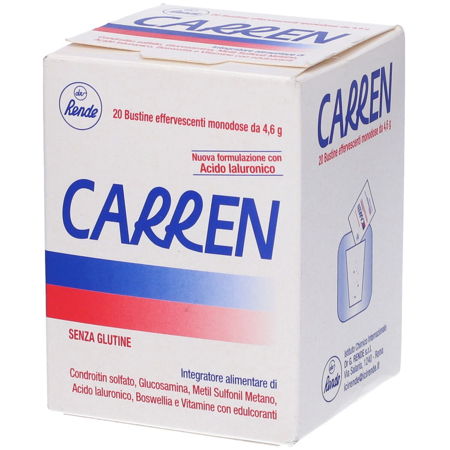 Scatola bianca "Carren". 20 bustine effervescenti. Strisce rosse e blu. "Senza glutine".