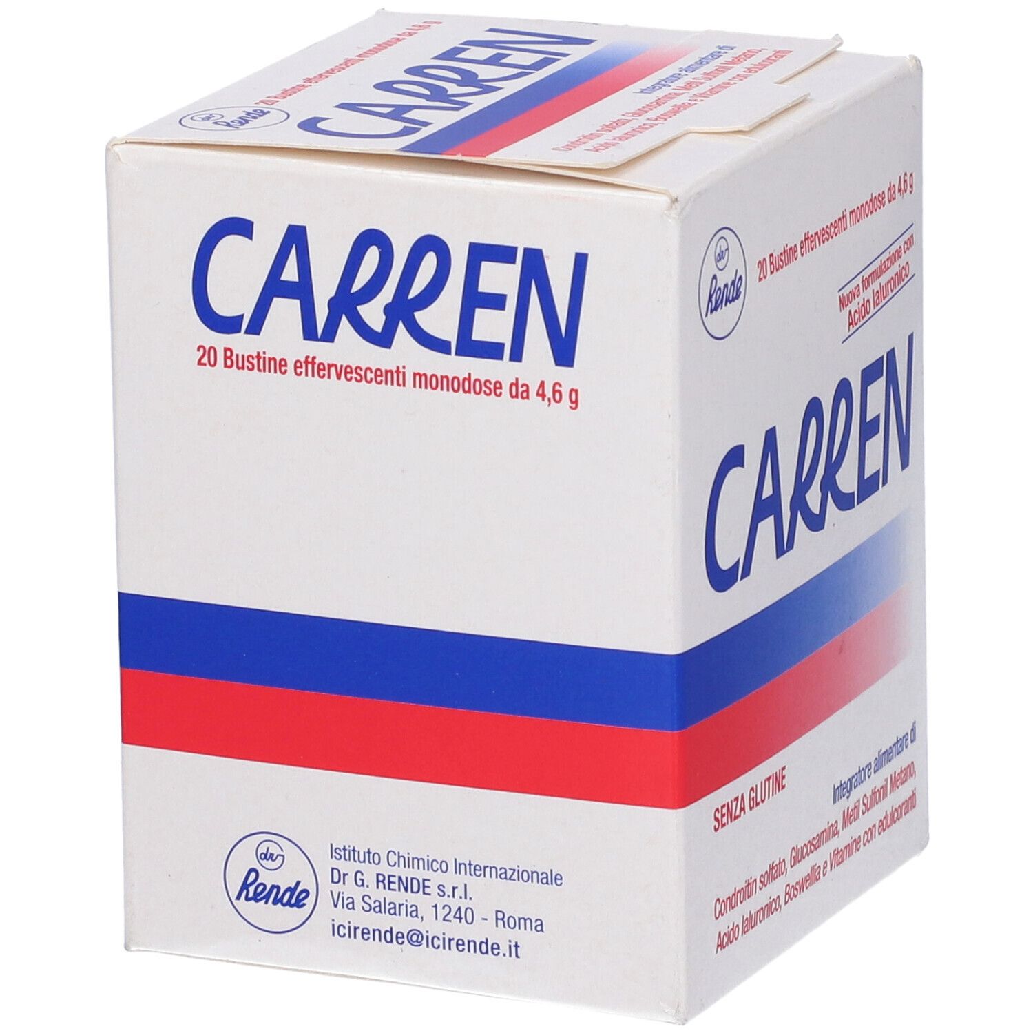 Scatola bianca "Carren". 20 bustine effervescenti. Strisce rosse e blu. "Senza glutine".