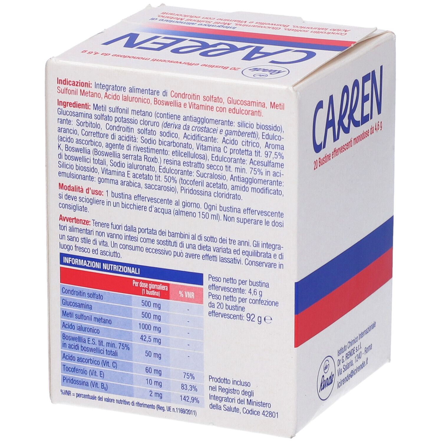 Scatola bianca "Carren". 20 bustine effervescenti. Strisce rosse e blu. Testo e informazioni nutrizionali.