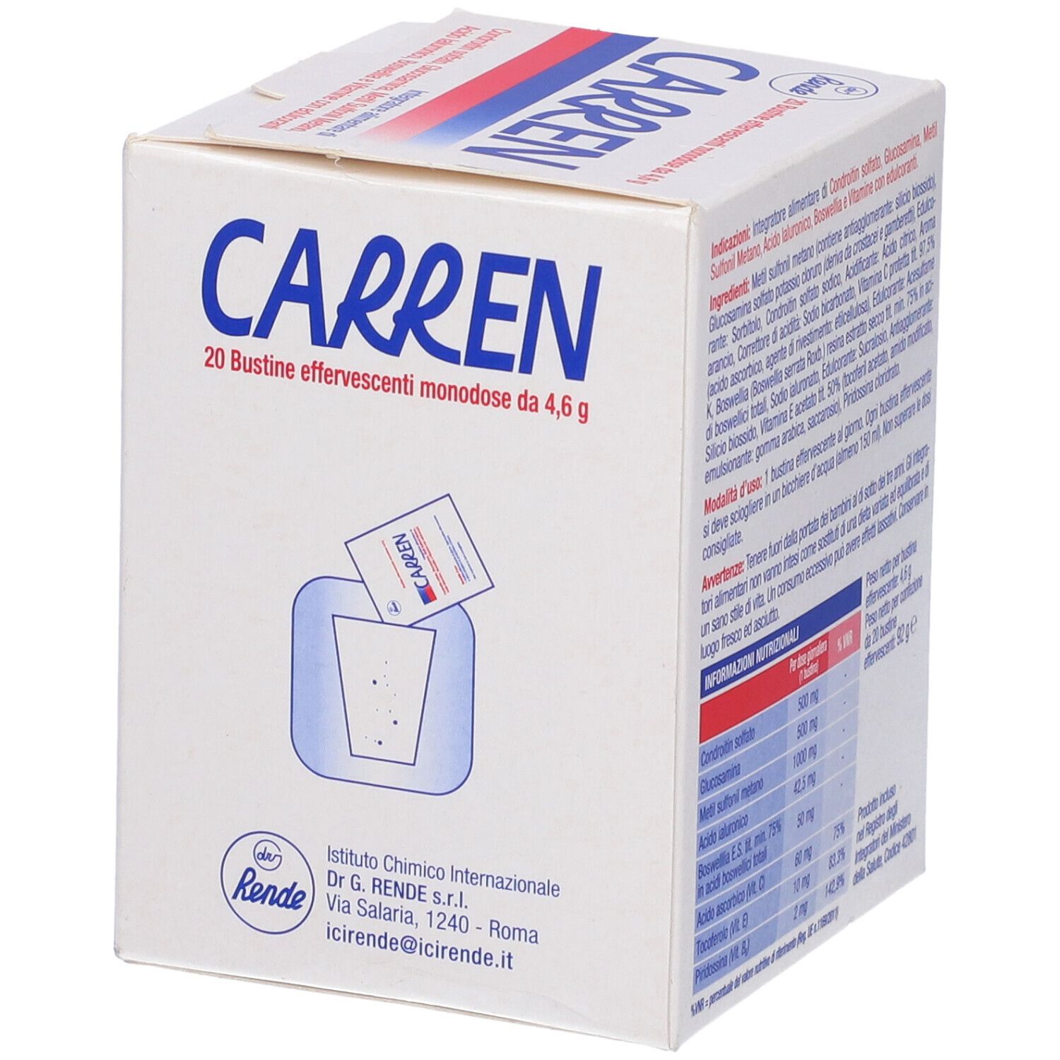 Scatola bianca "Carren". 20 bustine effervescenti. Strisce rosse e blu. Una bustina in un bicchiere.