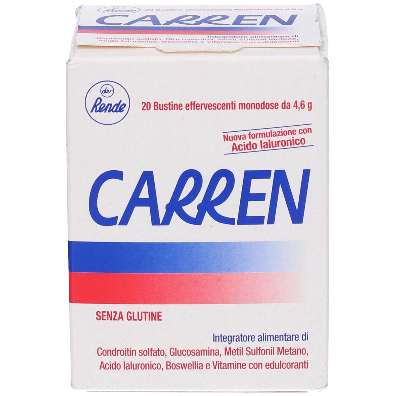 Scatola bianca "Carren". 20 bustine effervescenti. Strisce rosse e blu. "Senza glutine".