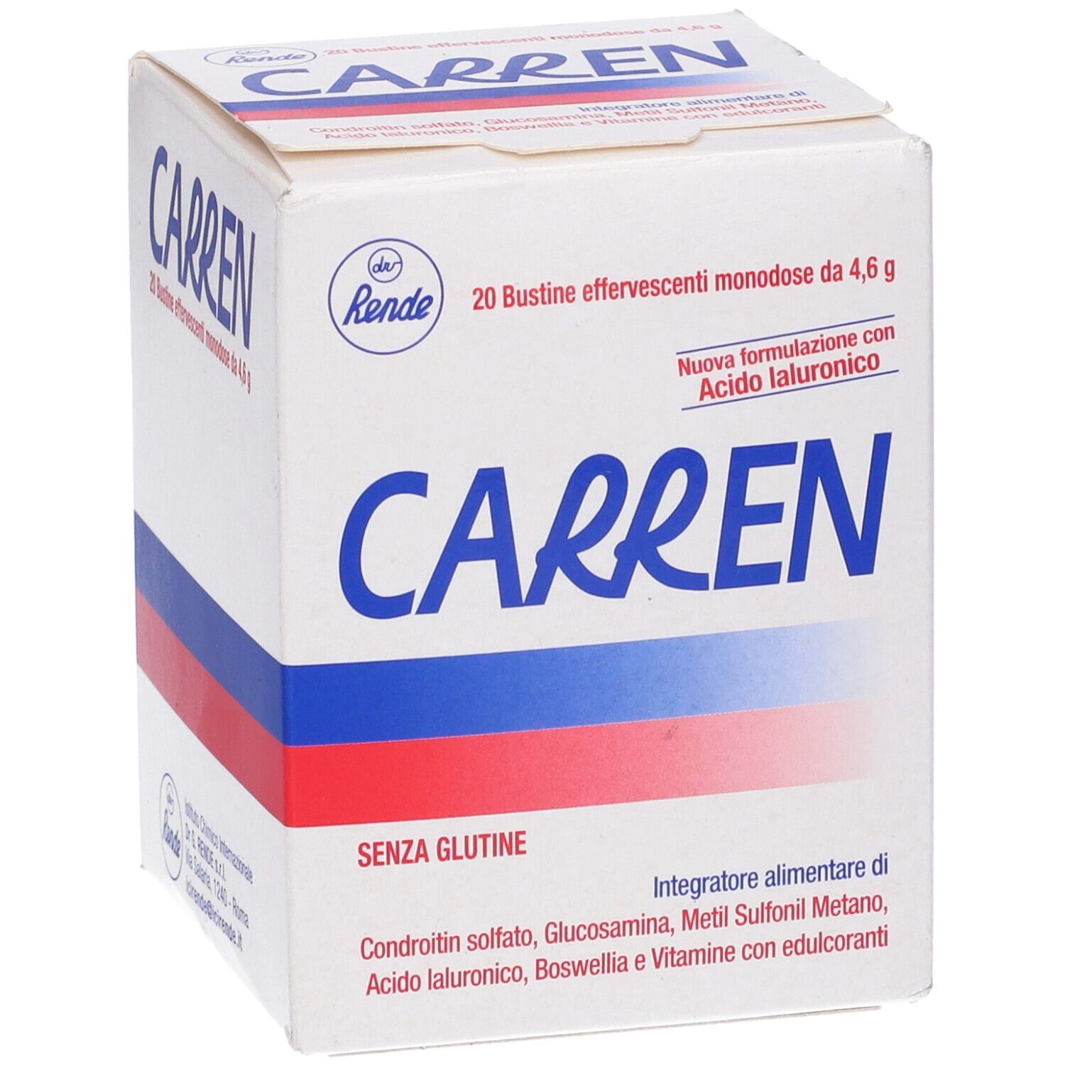 Scatola bianca "Carren". 20 bustine effervescenti. Strisce rosse e blu. "Senza glutine".