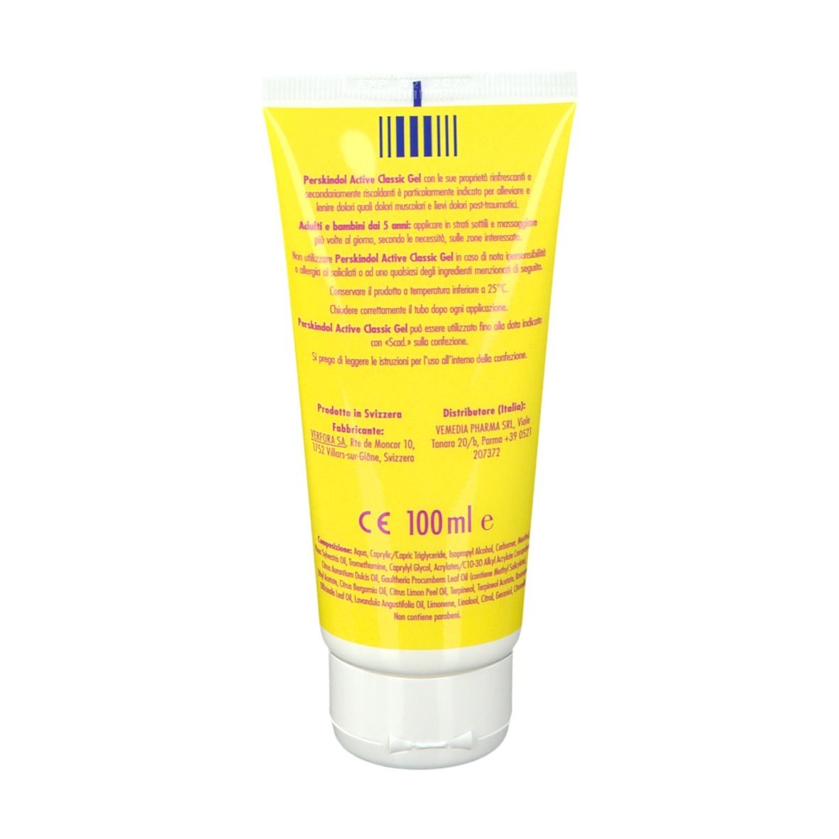 Rückseite einer gelben Gel-Tube. Text: Perskindol Active Classic Gel. Informationen zur Anwendung und Inhaltsstoffe.