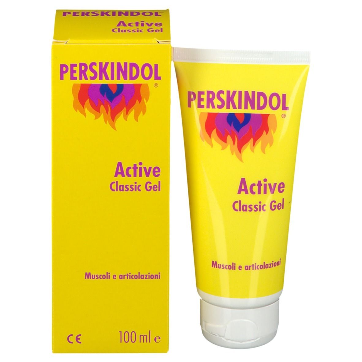 Gel-Tube und Schachtel, gelb. Aufschrift: Perskindol Active Classic Gel. Text: Muscoli e articolazioni. 100 ml.