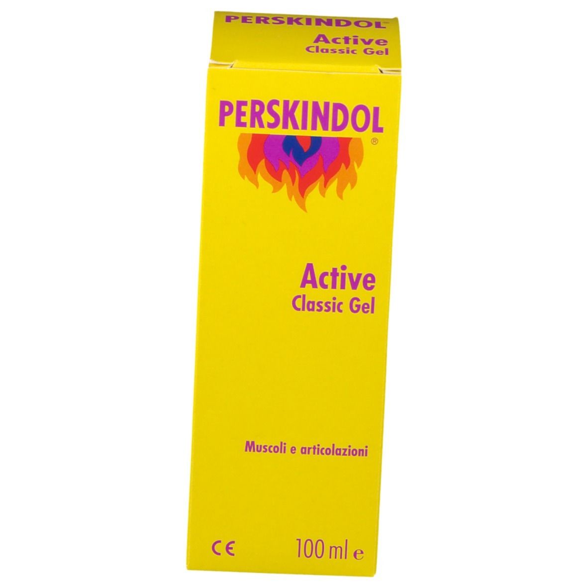 Gelbe Schachtel mit Produktnamen und Logo. Text: Active Classic Gel. Aufschrift: Muscoli e articolazioni. 100 ml.