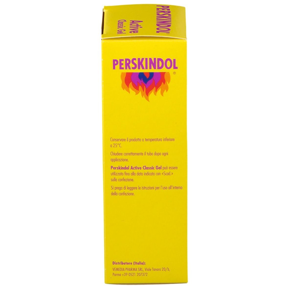 Rückseite einer gelben Schachtel. Text: Perskindol Active Classic Gel. Informationen zur Anwendung und Inhaltsstoffe.