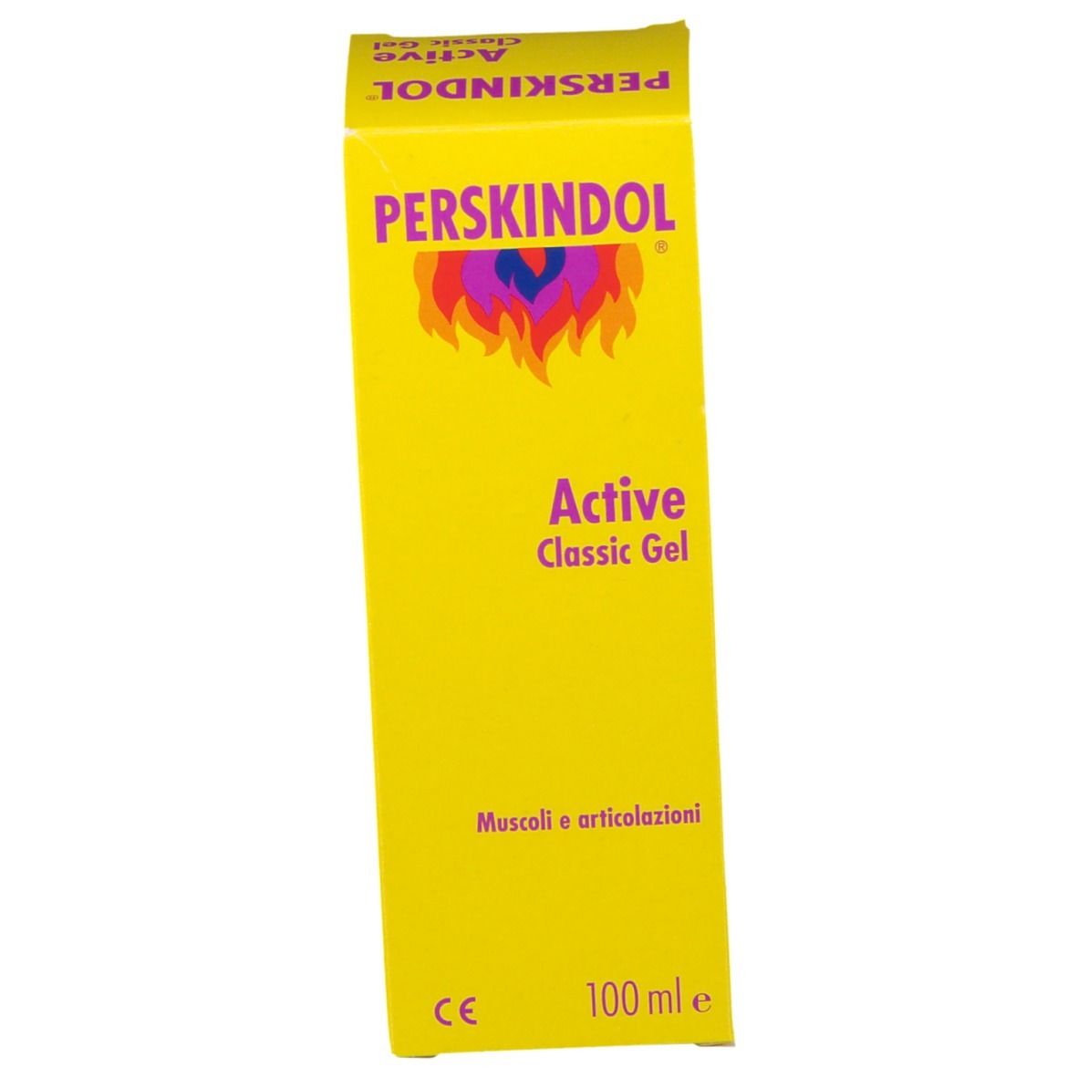 Gelbe Schachtel mit Produktnamen und Logo. Text: Active Classic Gel. Aufschrift: Muscoli e articolazioni. 100 ml.