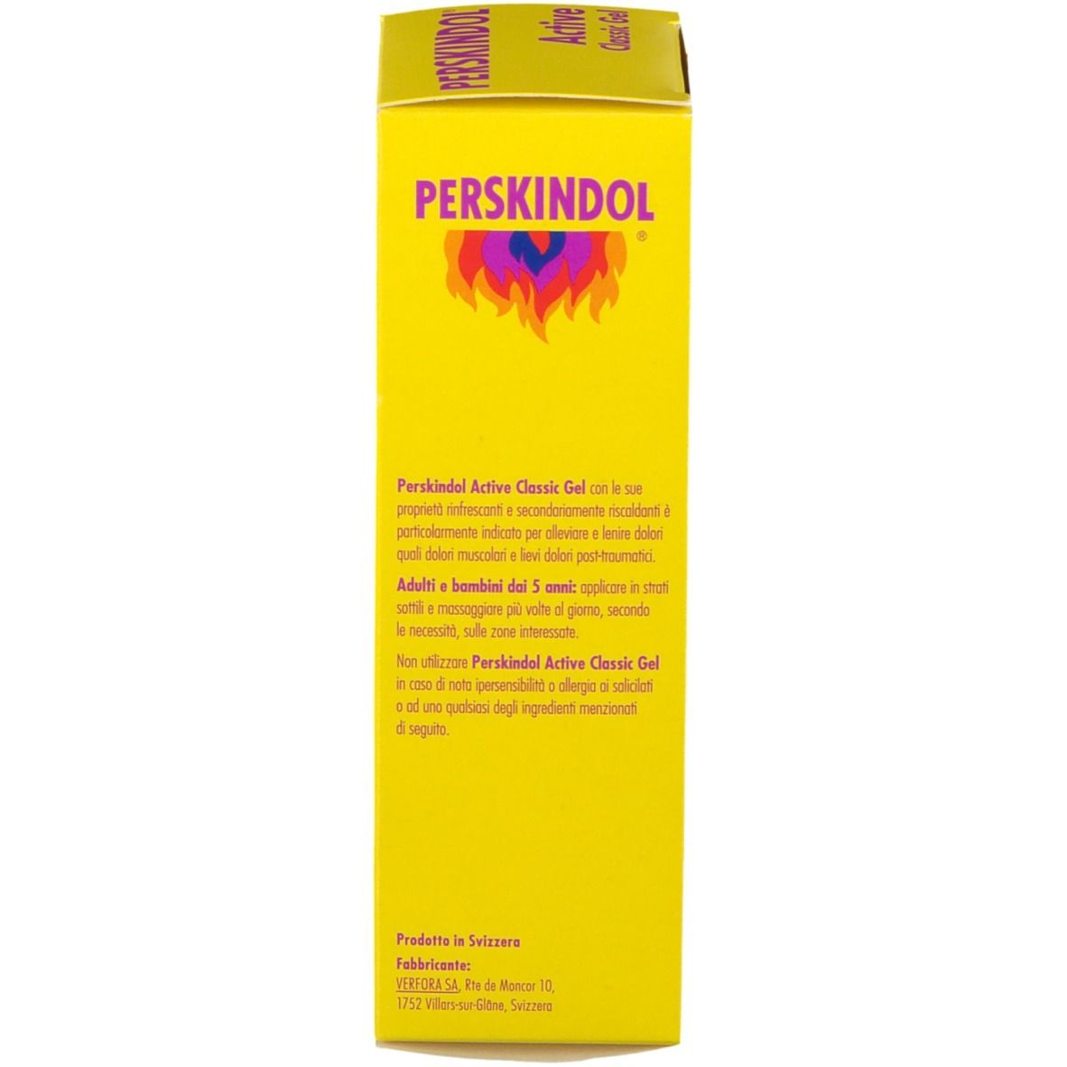Rückseite einer gelben Schachtel. Text: Perskindol Active Classic Gel. Informationen zur Anwendung und Inhaltsstoffe.