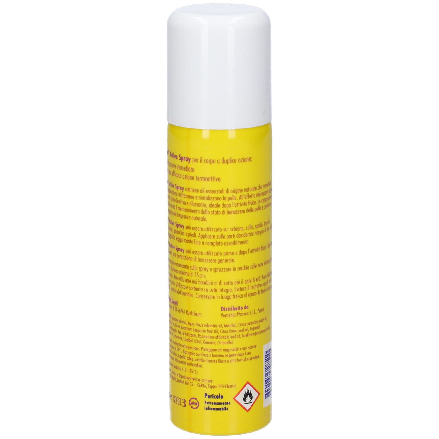 Gelbe Sprühflasche mit weißem Deckel. Rückseite mit Text. Gefahrensymbol: Flamme. Warnhinweis.