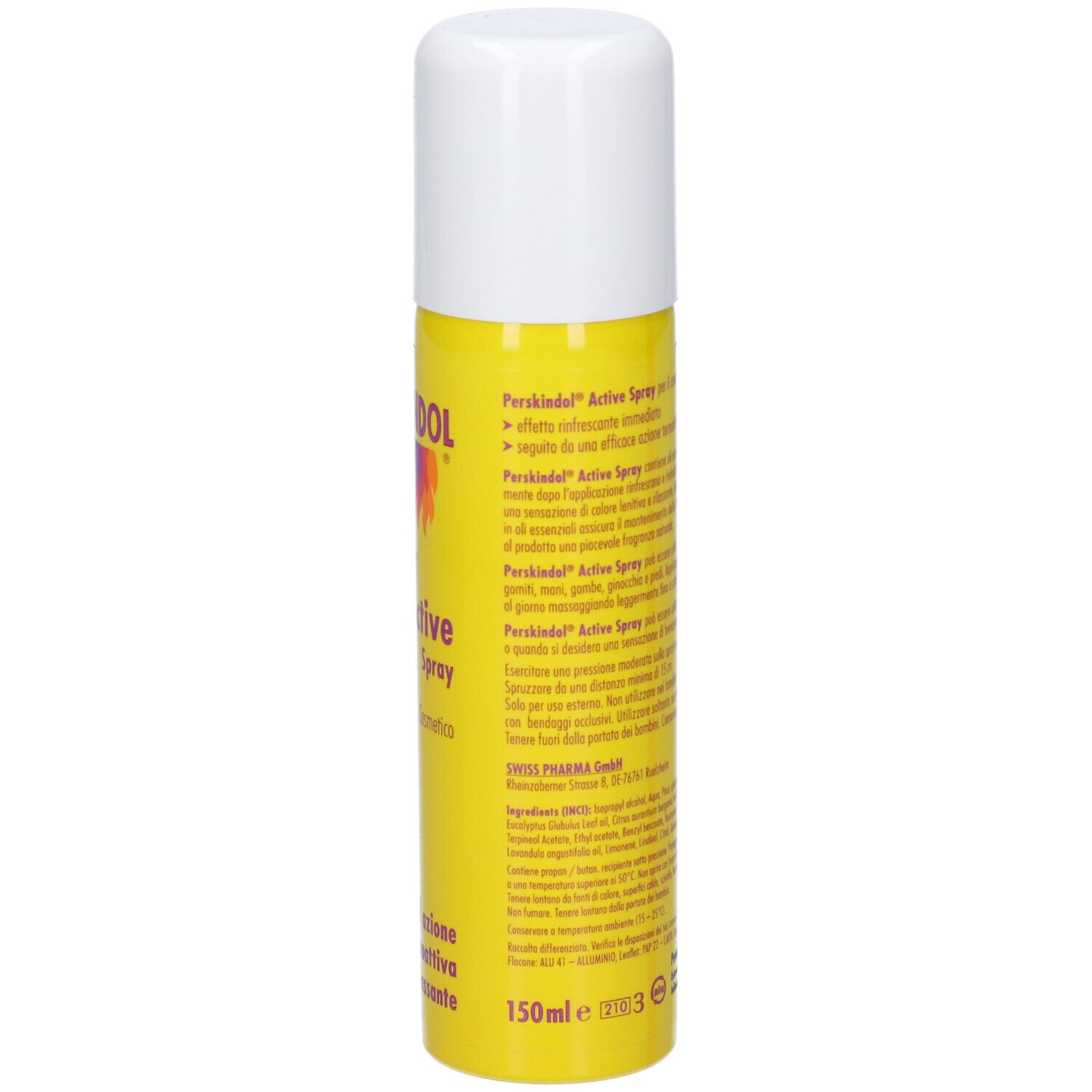 Gelbe Sprühflasche mit weißem Deckel. Rückseite mit Text. Volumen: 150ml. Gefahrensymbol: Flamme.