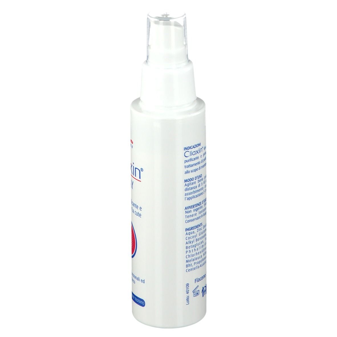 Flacone spray bianco con testo. Contiene ingredienti. Dermatologicamente testato.