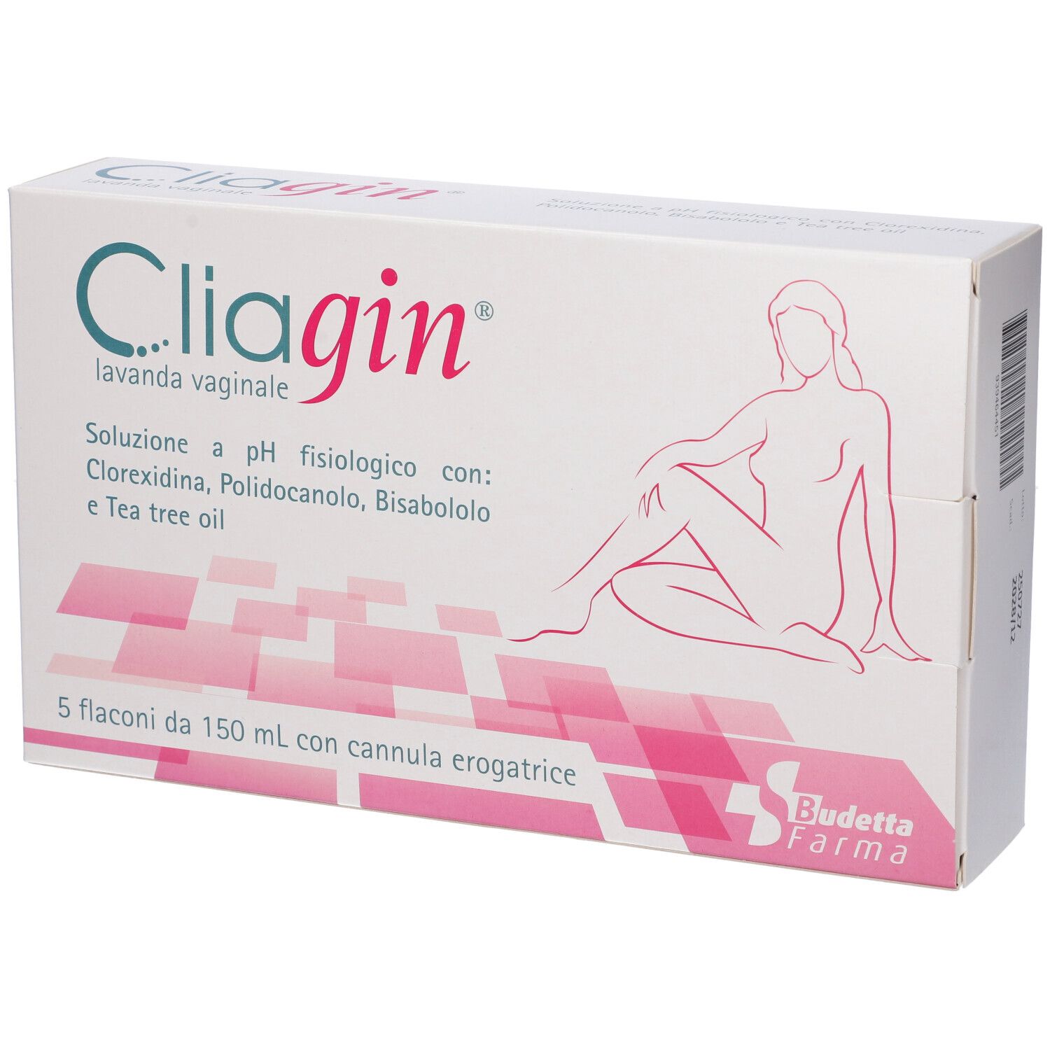 Verpackung von Cliagin® Lavanda Vaginale. Enthält 5 Flaschen mit 150 ml. Abbildung einer Frau. Marke Budetta Farma.