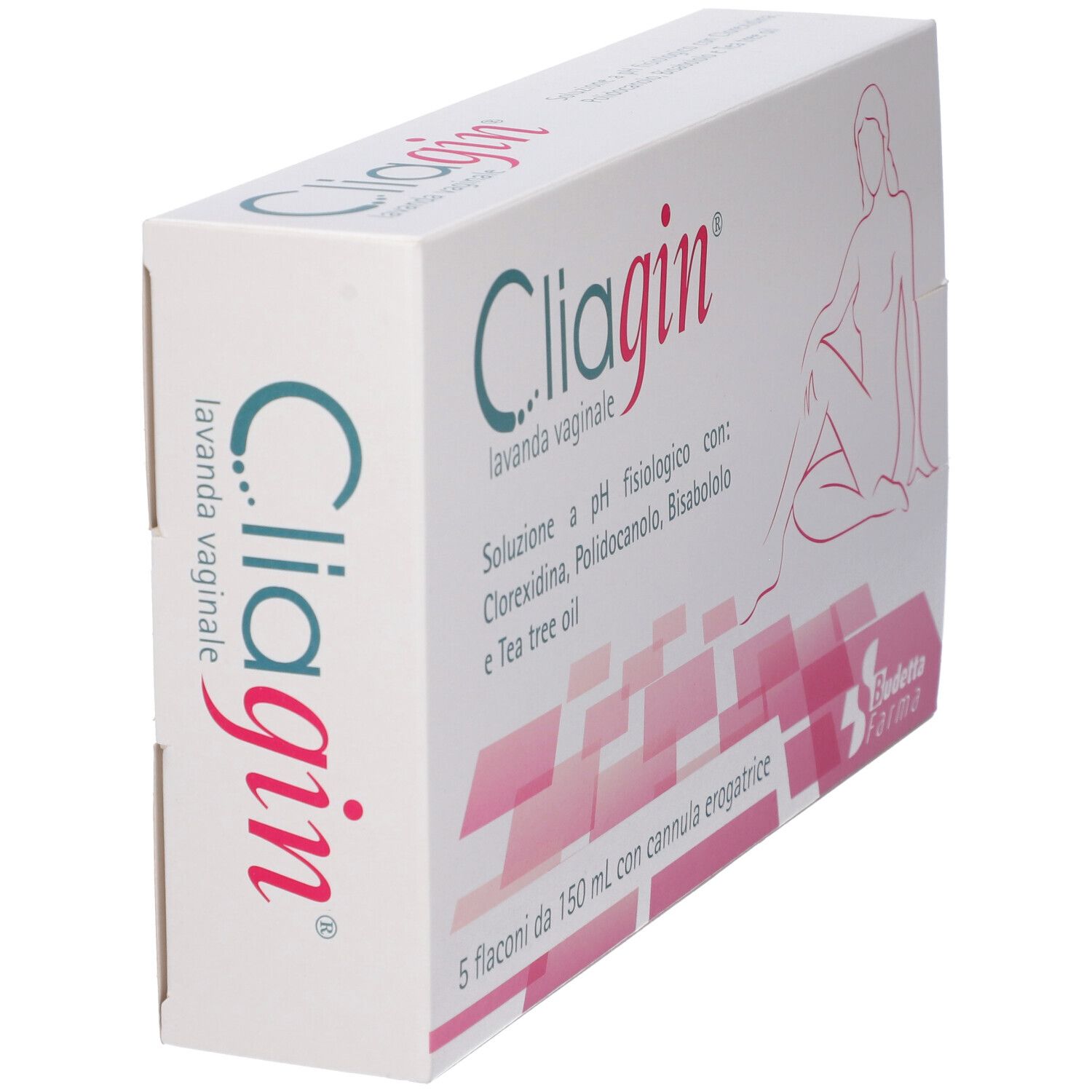 Schrägansicht der Cliagin® Lavanda Vaginale Verpackung. Text und Logo deutlich sichtbar. Marke Budetta Farma.