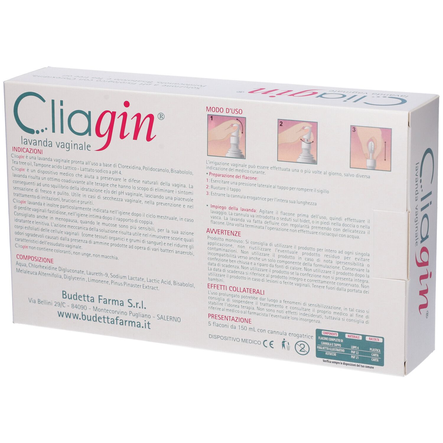 Rückseite der Cliagin® Lavanda Vaginale Verpackung. Text mit Anweisungen und Inhaltsstoffen. Marke Budetta Farma.
