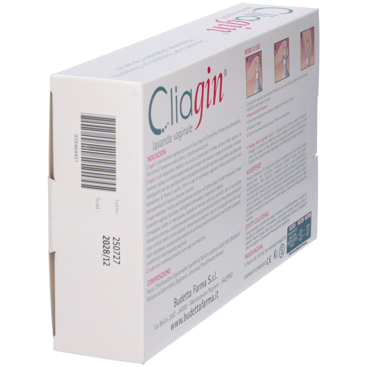 Schrägansicht der Rückseite der Cliagin® Lavanda Vaginale Verpackung. Text und Logos sichtbar. Marke Budetta Farma.