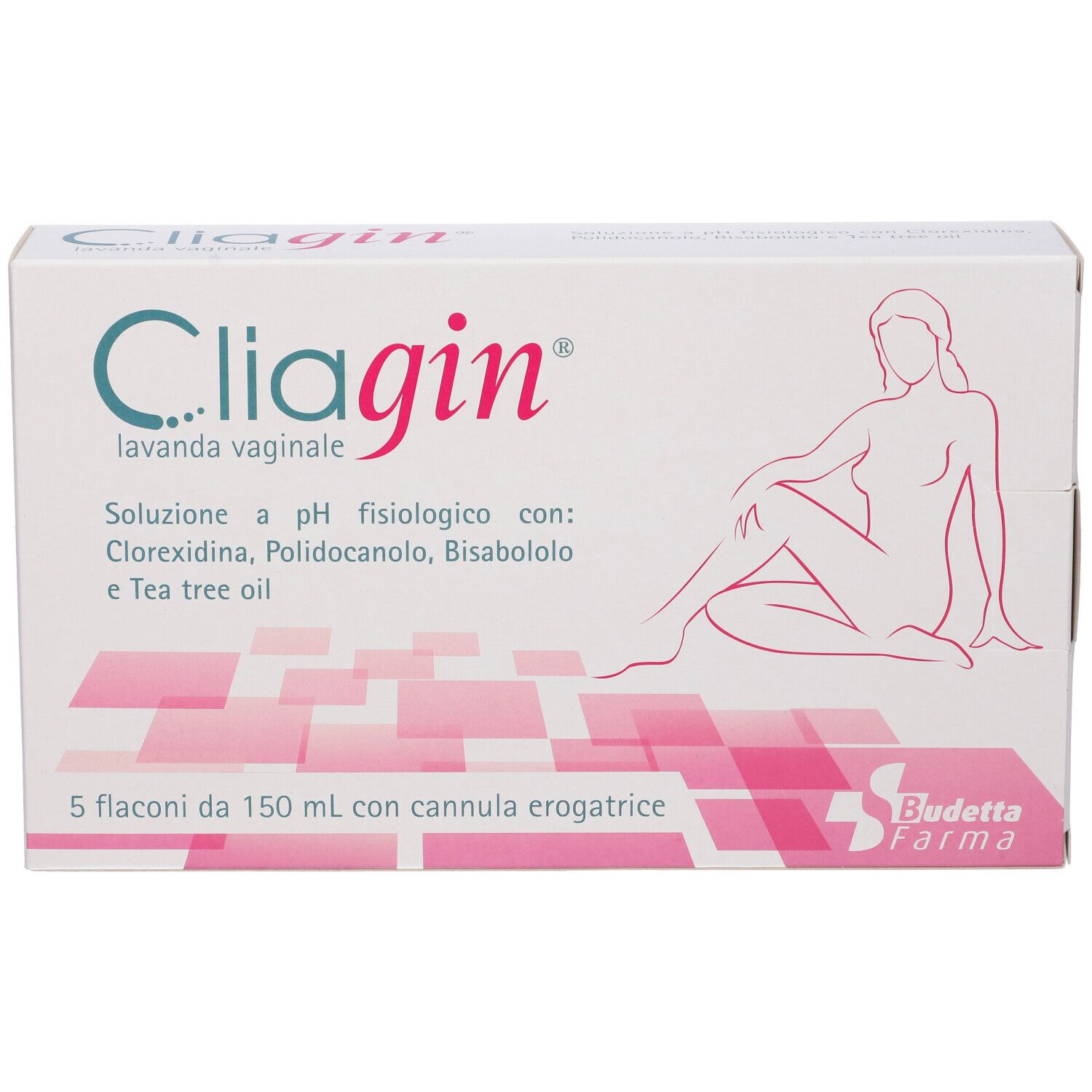 Cliagin® Lavanda Vaginale Verpackung. Enthält 5 Flaschen mit 150 ml. Abbildung einer Frau. Marke Budetta Farma.