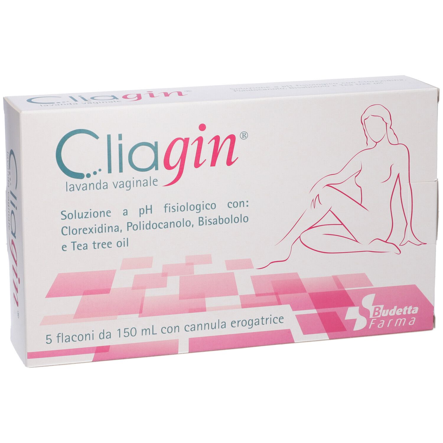 Cliagin® Lavanda Vaginale Verpackung. Enthält 5 Flaschen mit 150 ml. Abbildung einer Frau. Marke Budetta Farma.