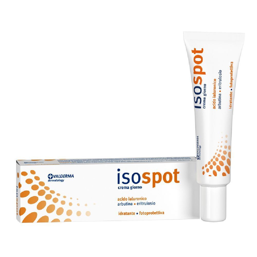 Tubo e scatola bianchi con nome prodotto Isospot. Sul tubo e sulla scatola sono presenti informazioni sul prodotto e loghi.