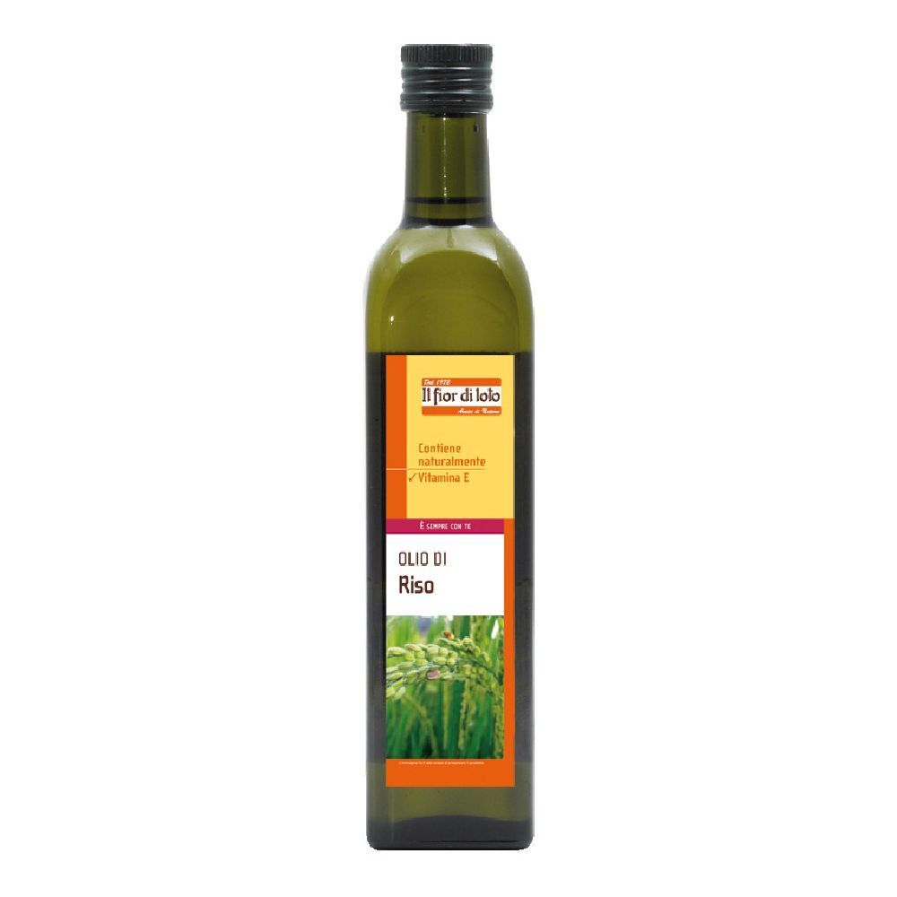 Bottiglia di vetro verde con etichetta Olio Di Riso. Testo: Fior di Lolo, Olio di Riso, Vitamina E. Immagine di riso.