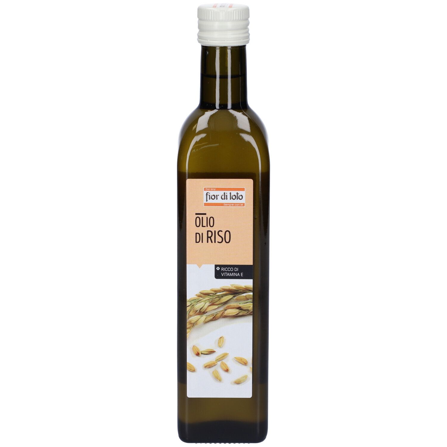 Bottiglia di vetro verde con tappo bianco. Etichetta: Fior di Lolo, Olio di Riso. Immagine di spighe e chicchi di riso.