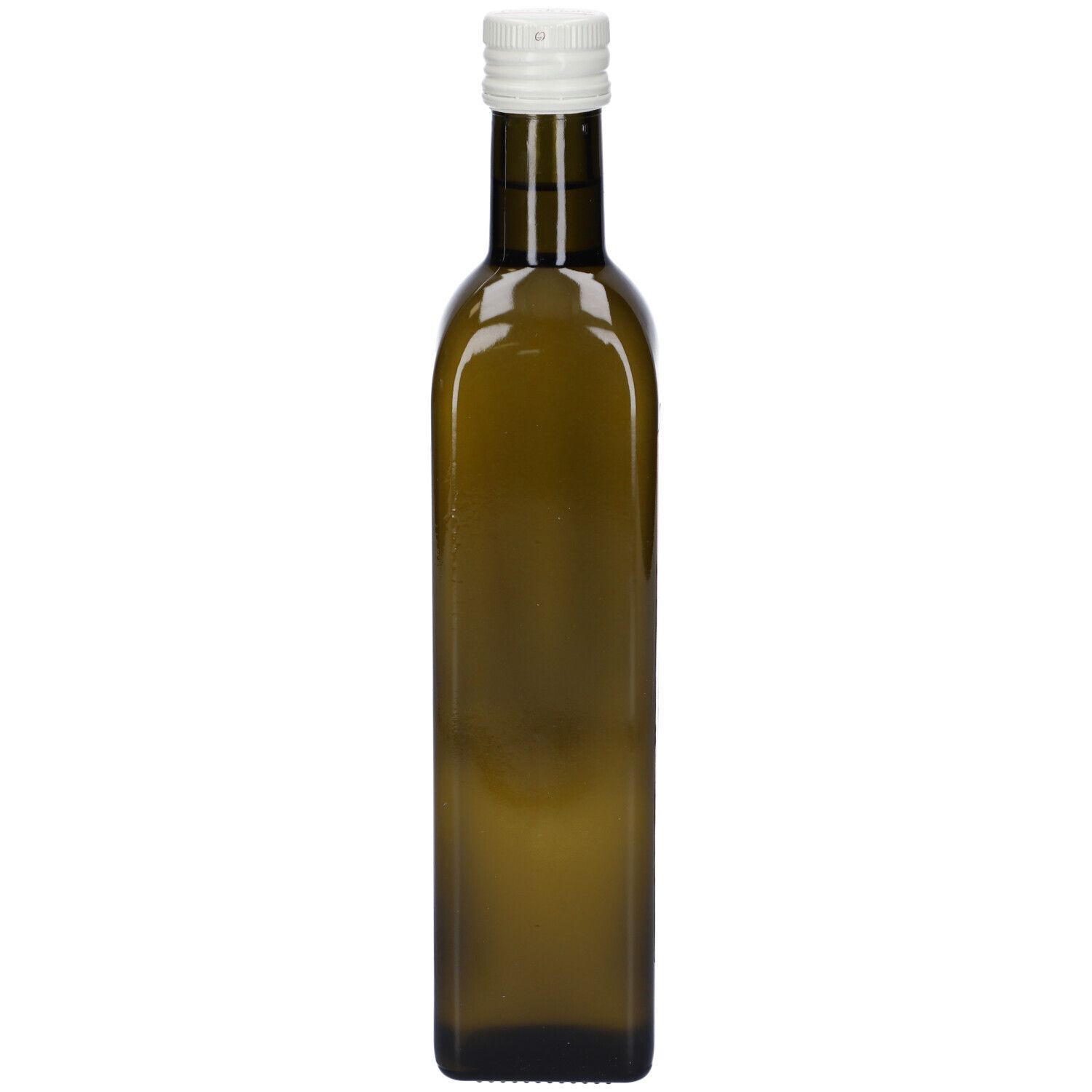 Bottiglia di vetro verde con tappo bianco. Bottiglia vuota, senza etichetta.