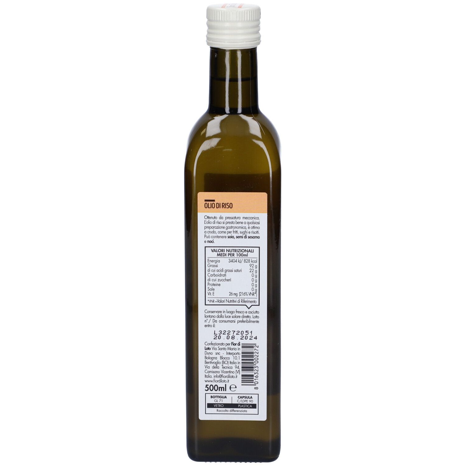 Bottiglia di vetro verde con tappo bianco. Retro con etichetta. Testo e informazioni nutrizionali.