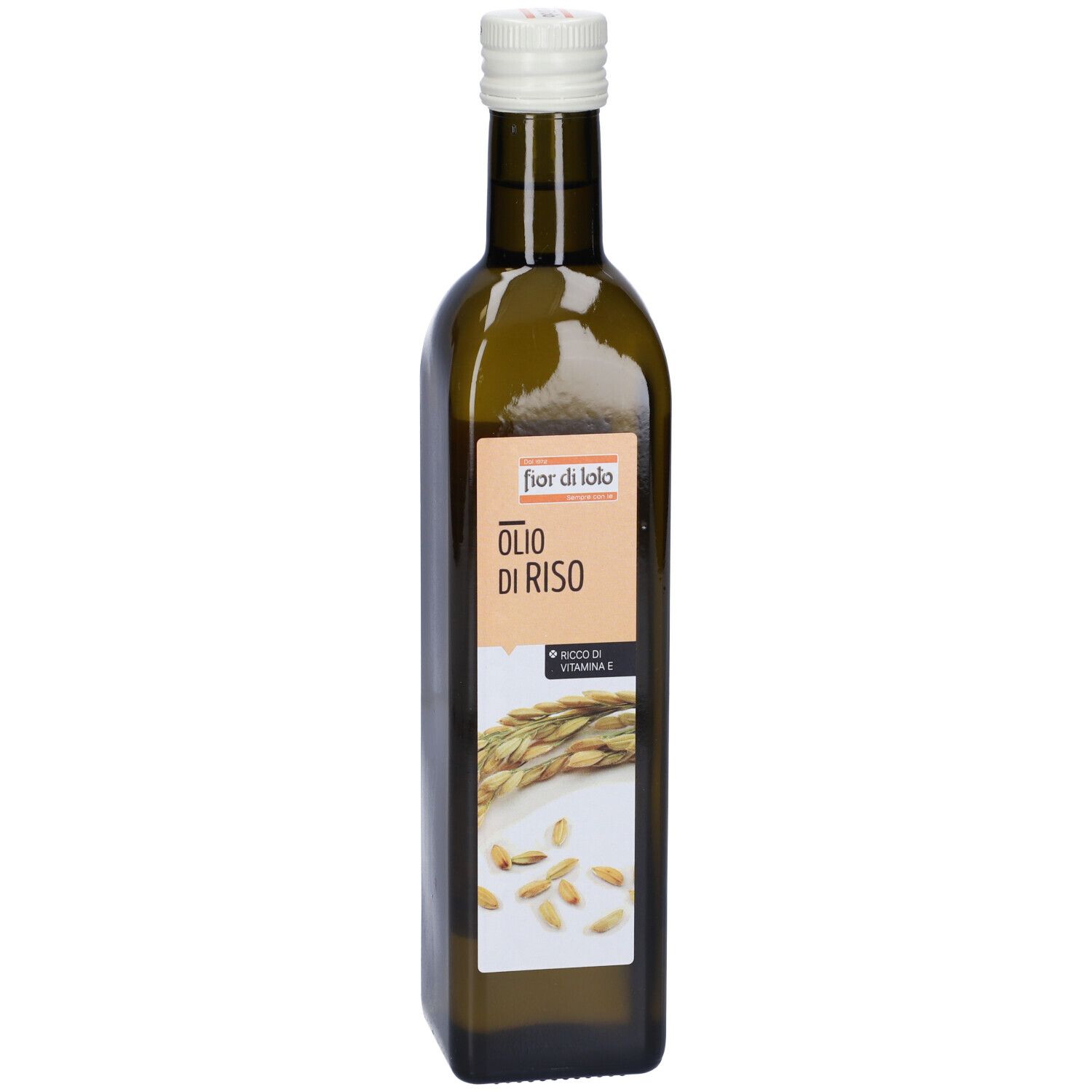Bottiglia di vetro verde con tappo bianco. Etichetta: Fior di Lolo, Olio di Riso. Immagine di spighe e chicchi di riso.