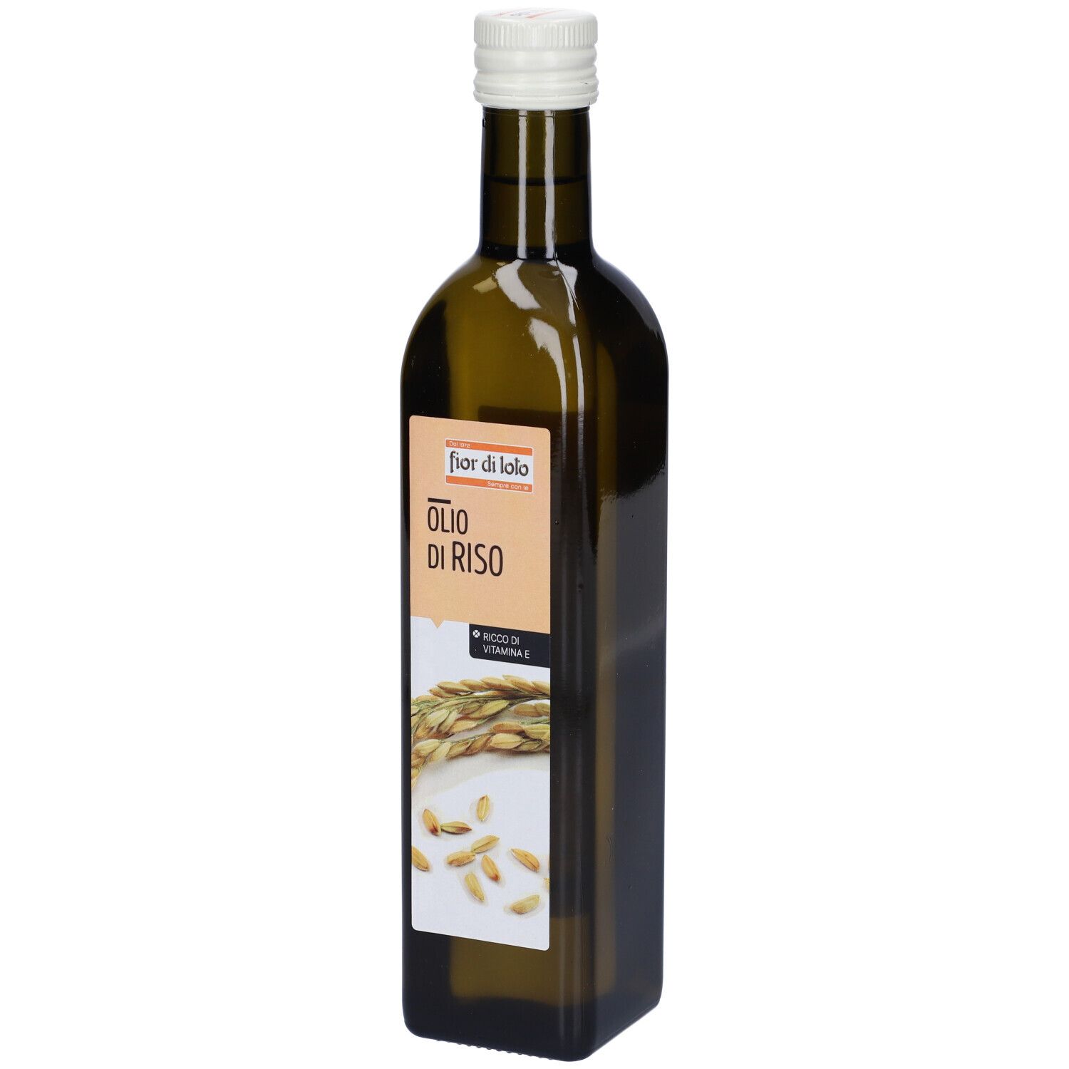 Bottiglia di vetro verde con tappo bianco. Etichetta: Fior di Lolo, Olio di Riso. Immagine di spighe e chicchi di riso.
