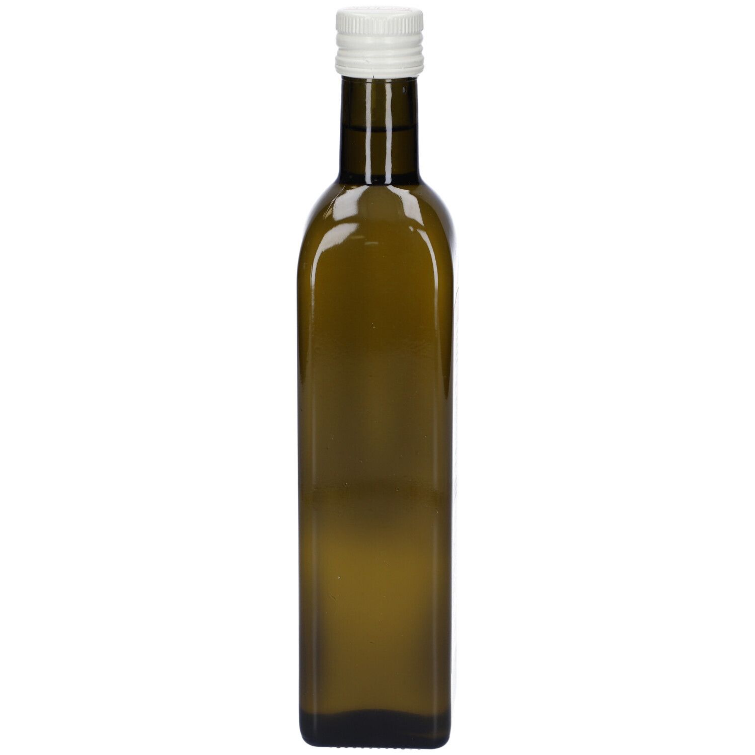 Bottiglia di vetro verde con tappo bianco. Bottiglia vuota, senza etichetta.