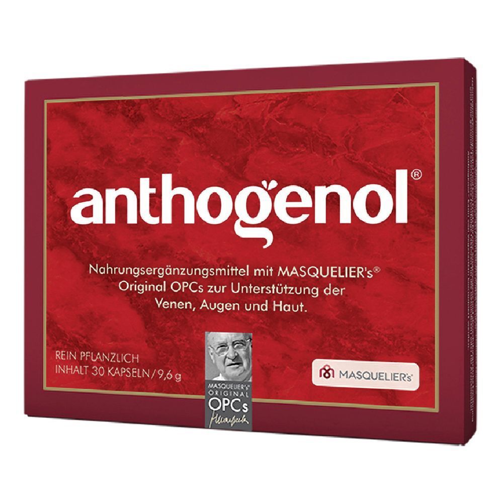 Scatola rossa con scritta anthogenol. Contiene 30 capsule. Original OPCs di Masquelier. Puro vegetale.