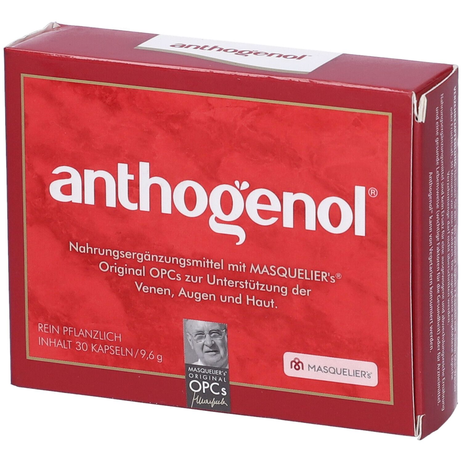 Scatola rossa con scritta anthogenol. Contiene 30 capsule. Original OPCs di Masquelier. Puro vegetale.