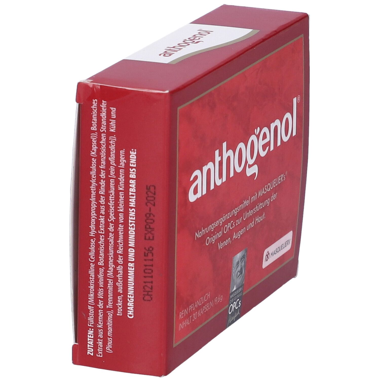 Scatola rossa con scritta anthogenol. Contiene 30 capsule. Original OPCs di Masquelier. Puro vegetale.