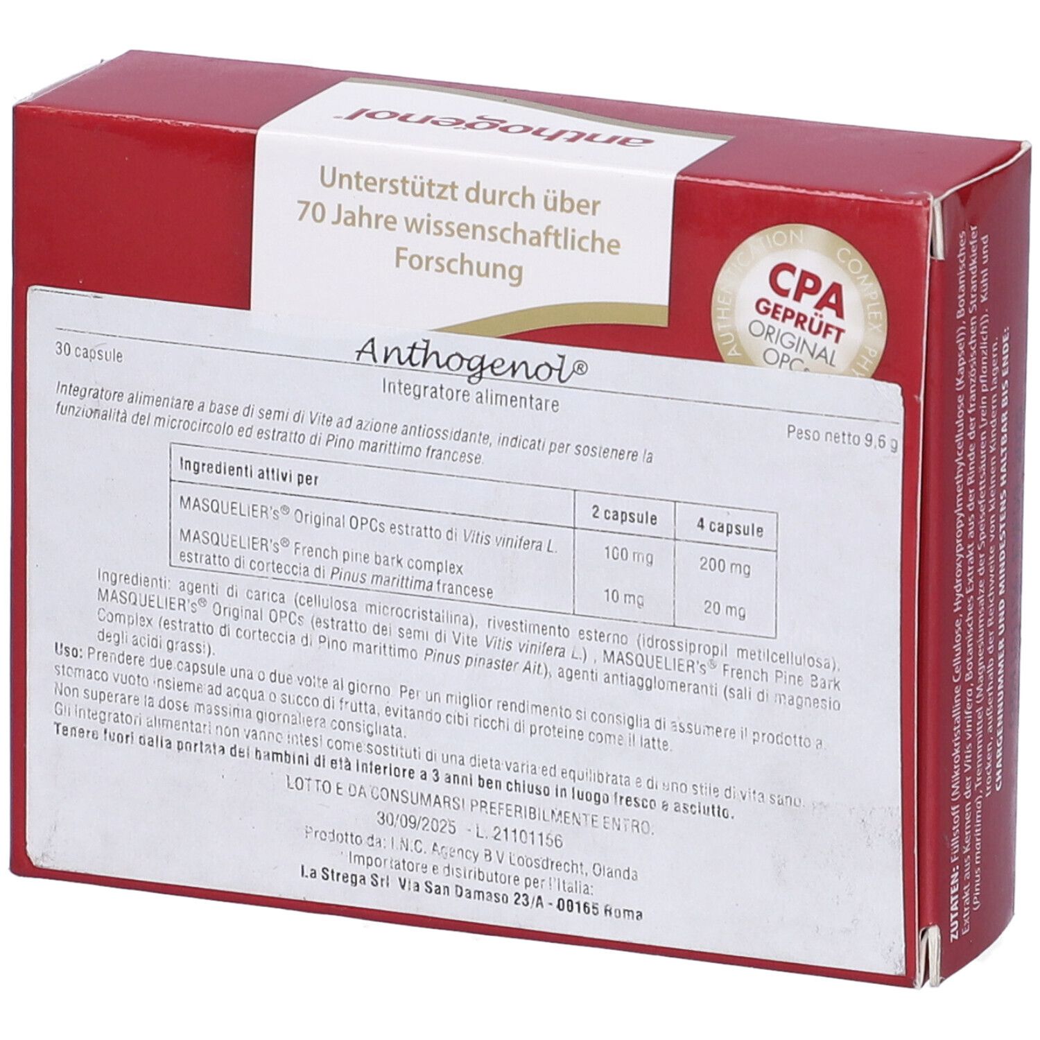 Scatola rossa con scritta anthogenol. Contiene 30 capsule. Original OPCs di Masquelier. Puro vegetale.
