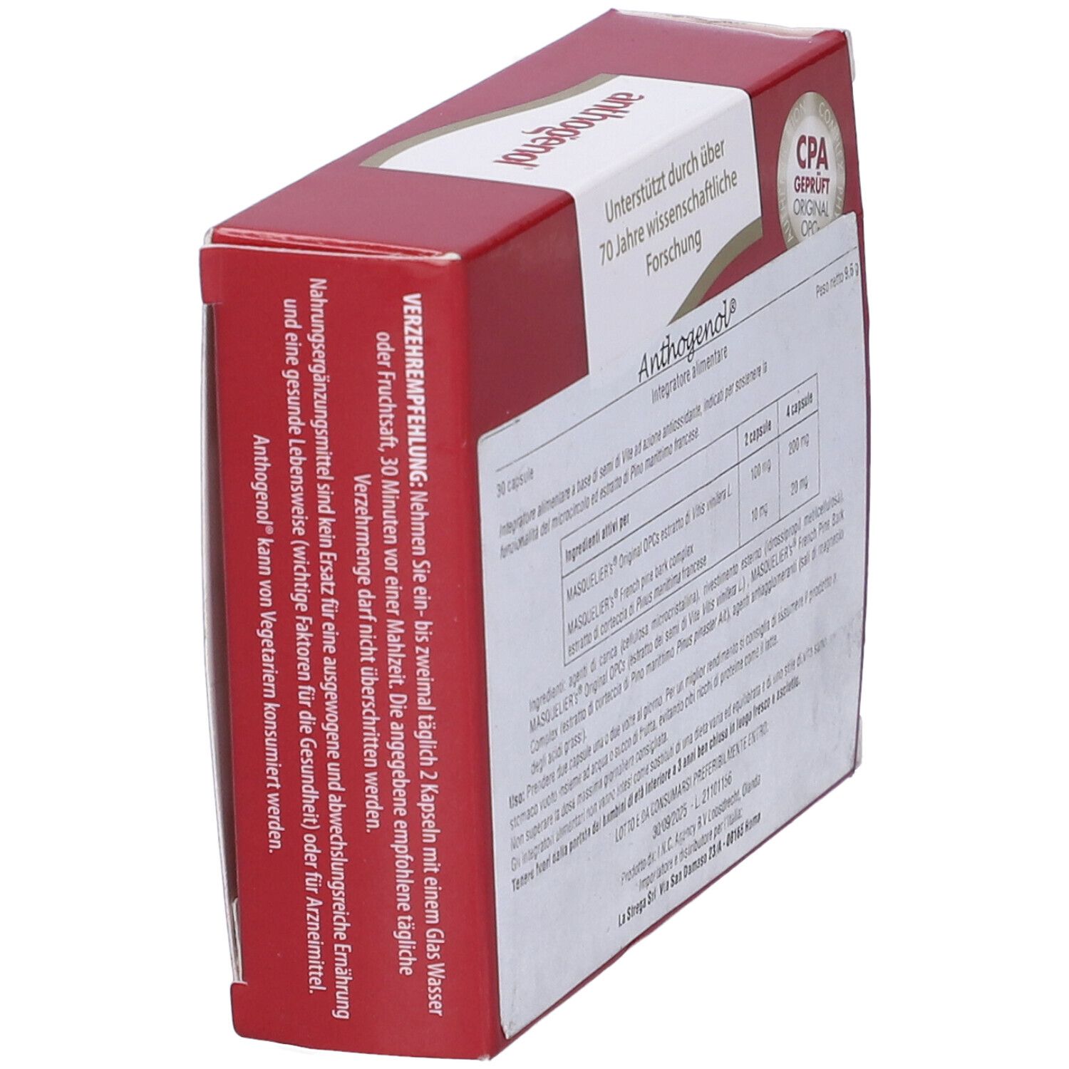 Scatola rossa con scritta anthogenol. Contiene 30 capsule. Original OPCs di Masquelier. Puro vegetale.