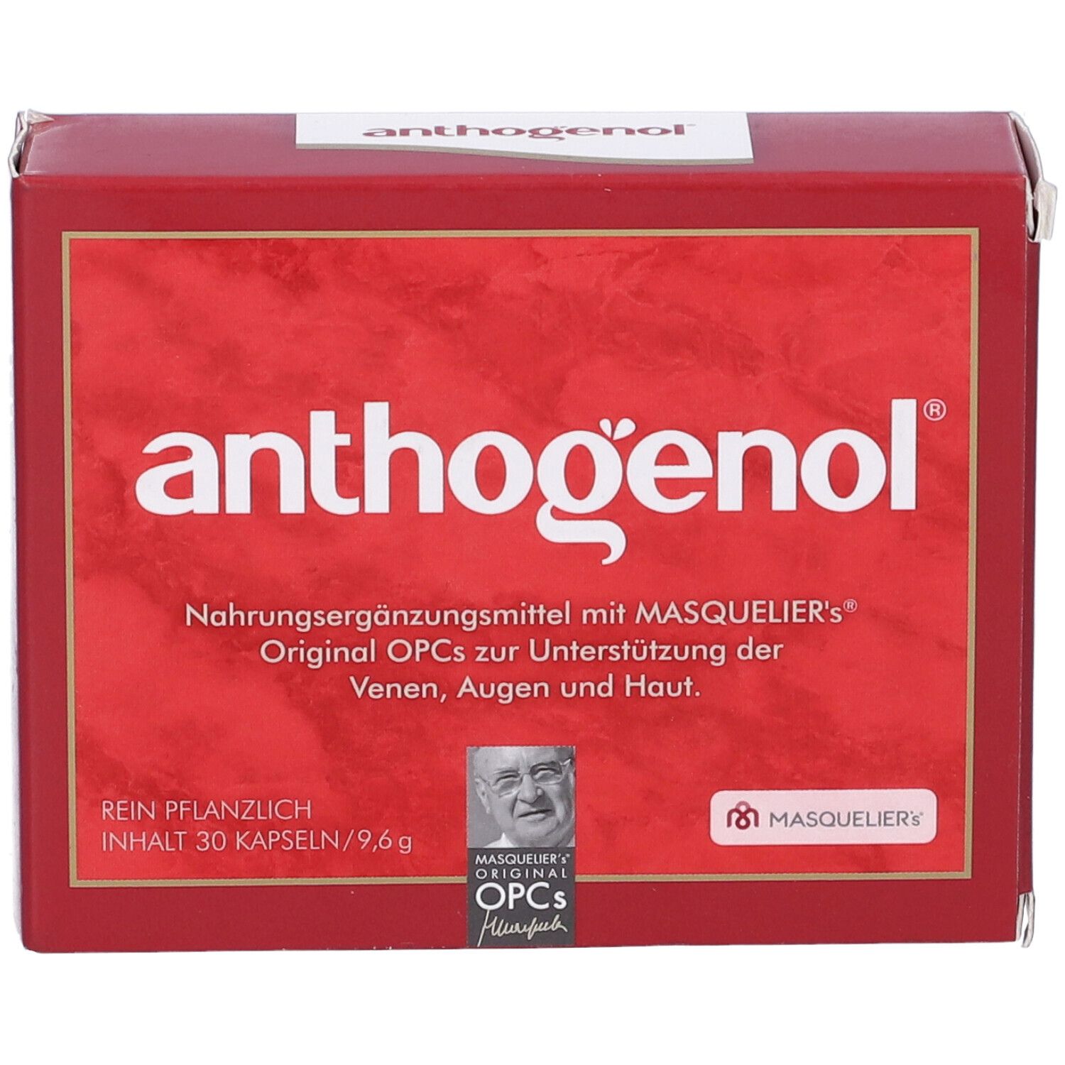 Scatola rossa con scritta anthogenol. Contiene 30 capsule. Original OPCs di Masquelier. Puro vegetale.