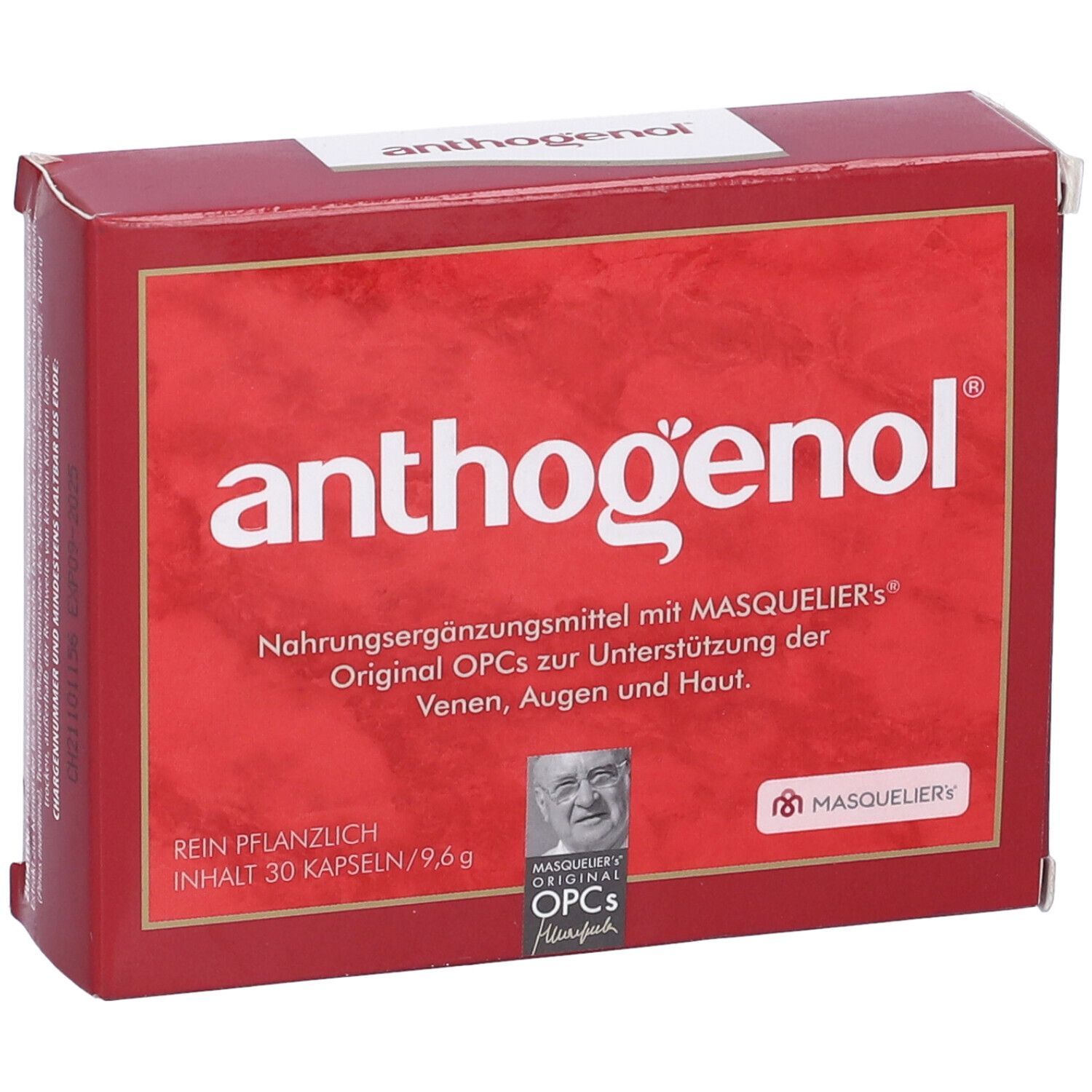 Scatola rossa con scritta anthogenol. Contiene 30 capsule. Original OPCs di Masquelier. Puro vegetale.