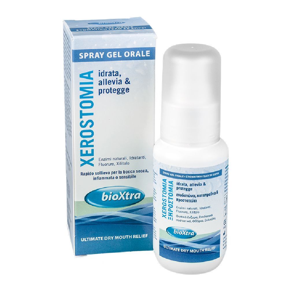 Spray bianco con confezione blu. Scritta: Xerostomia, bioXtra. Contiene enzimi naturali, fluoruro, xilitolo.