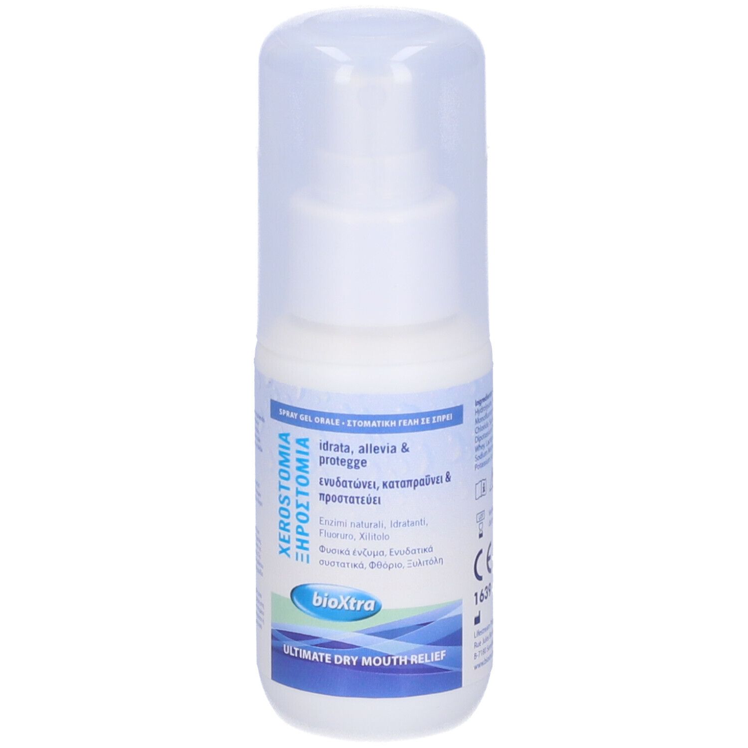 Spray bianco con tappo trasparente. Scritta: Xerostomia, bioXtra. Contiene enzimi naturali, fluoruro, xilitolo.
