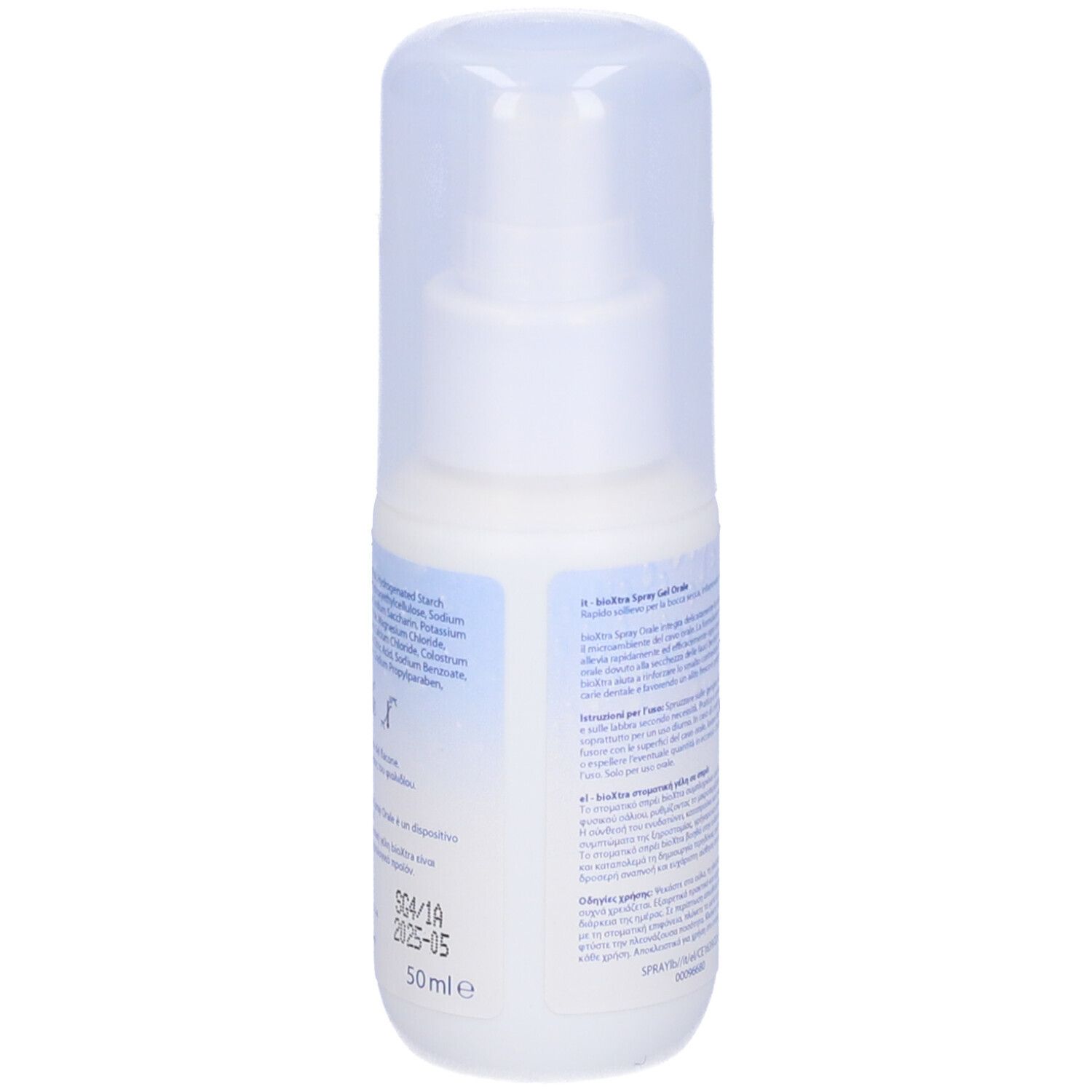 Spray bianco con tappo trasparente. Scritta: Xerostomia, bioXtra. Contiene enzimi naturali, fluoruro, xilitolo.