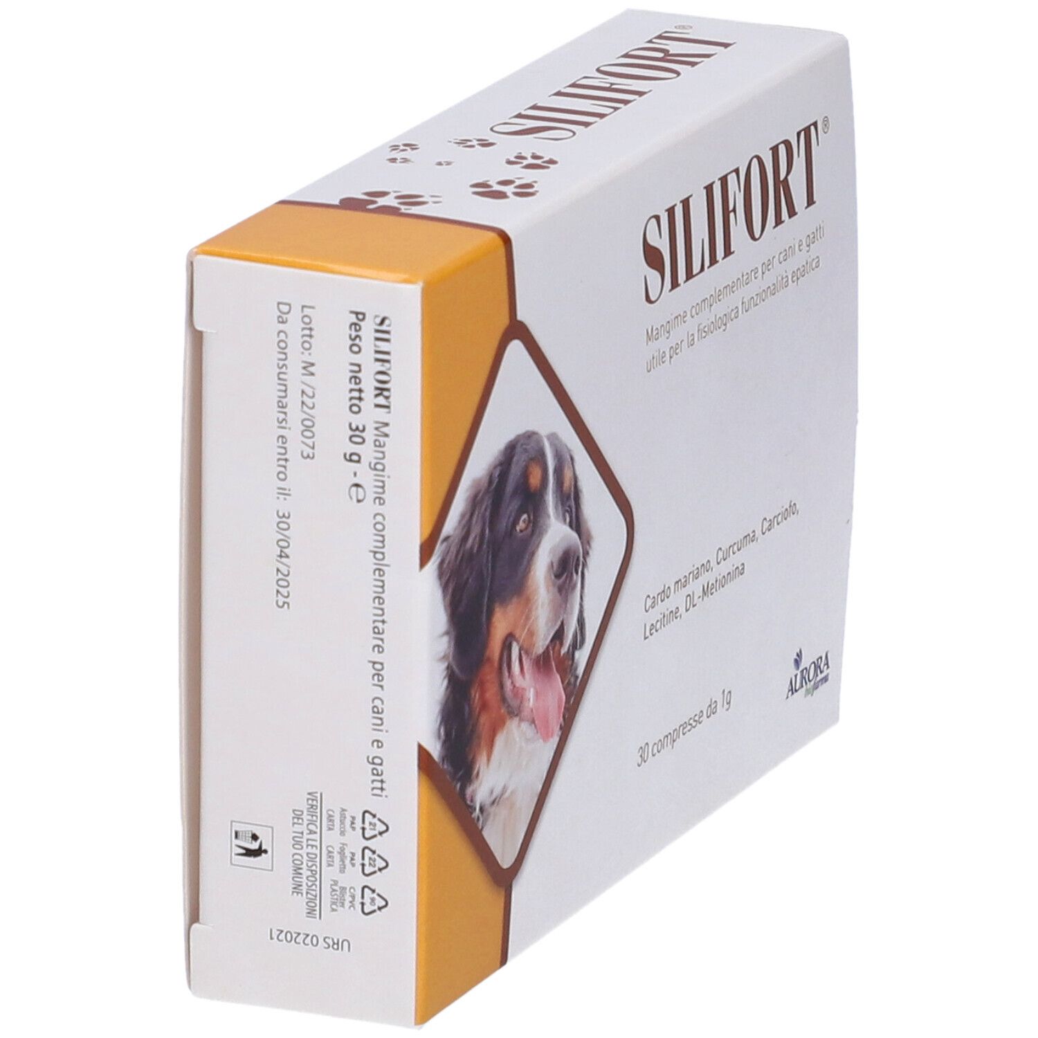 Schachtel 'Silifort' für Hunde und Katzen. Enthält 30 Tabletten. Seitenansicht mit Inhaltsstoffen und Hersteller.