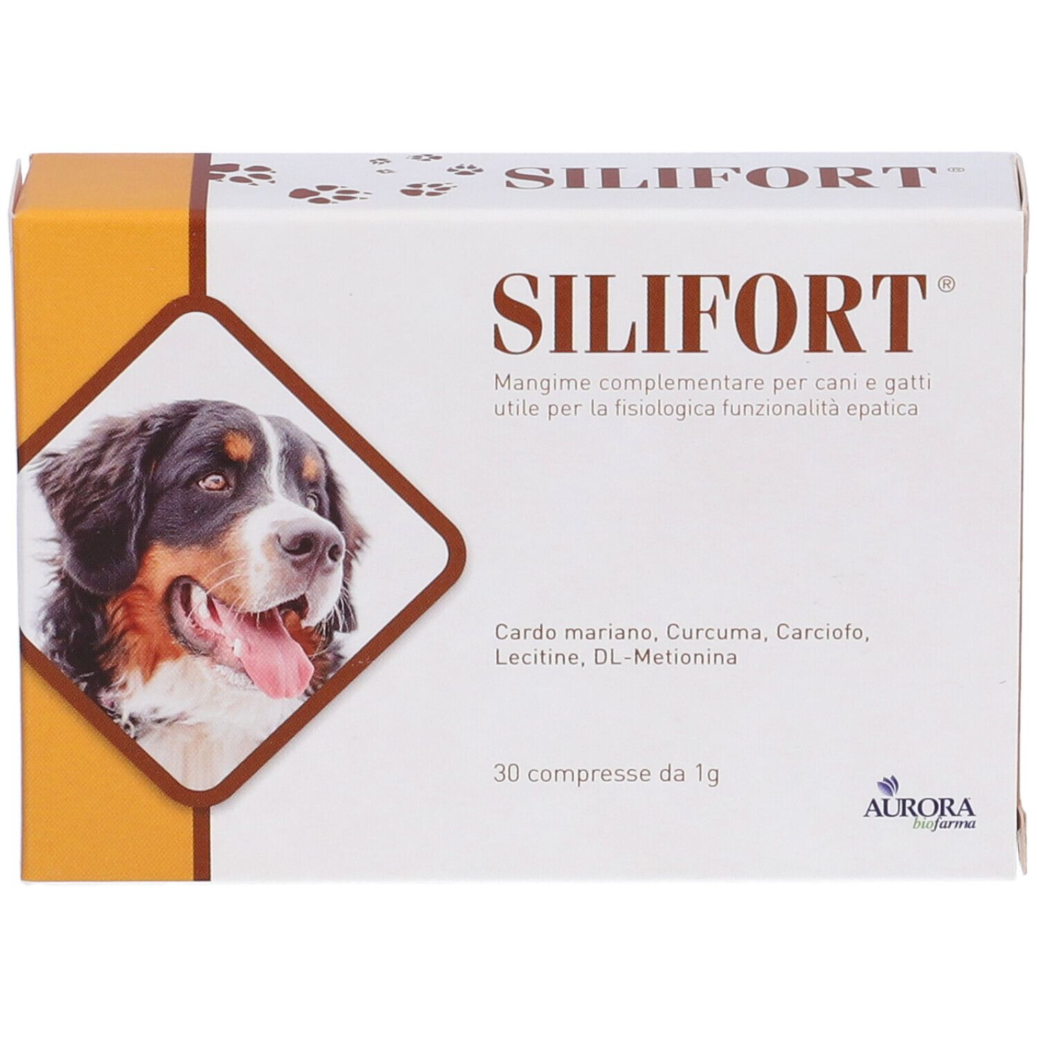 Schachtel 'Silifort' für Hunde und Katzen. Enthält 30 Tabletten. Vorderansicht mit Hundebild und Inhaltsstoffen.