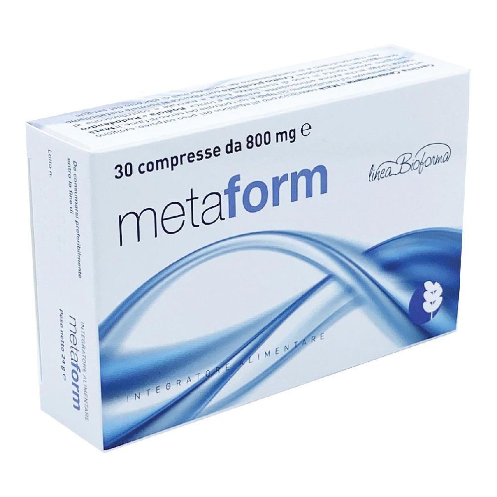 Scatola bianca "metaform". Contiene 30 compresse. Motivi blu ondulati e logo.