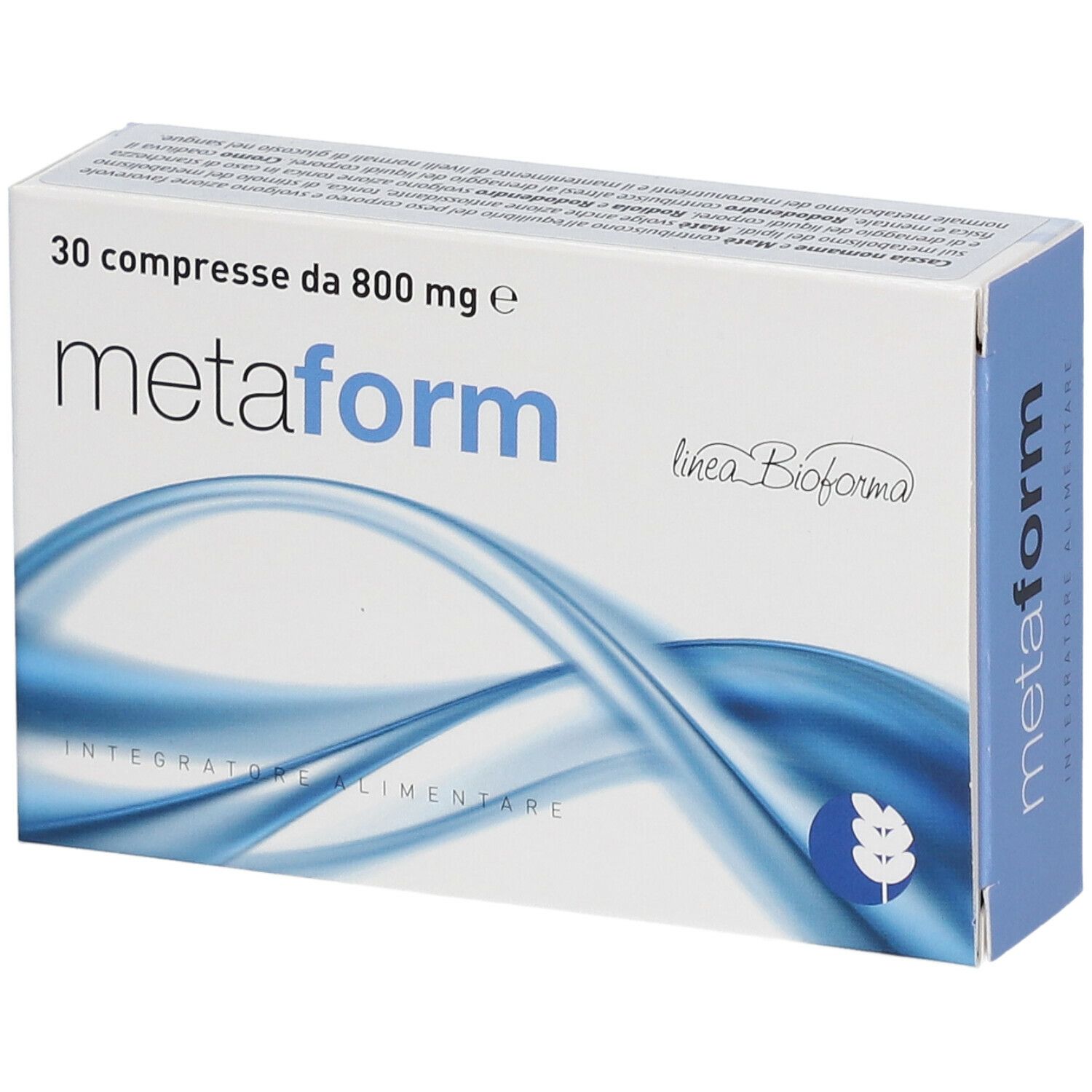 Scatola bianca "metaform". Contiene 30 compresse. Motivi blu ondulati e logo.