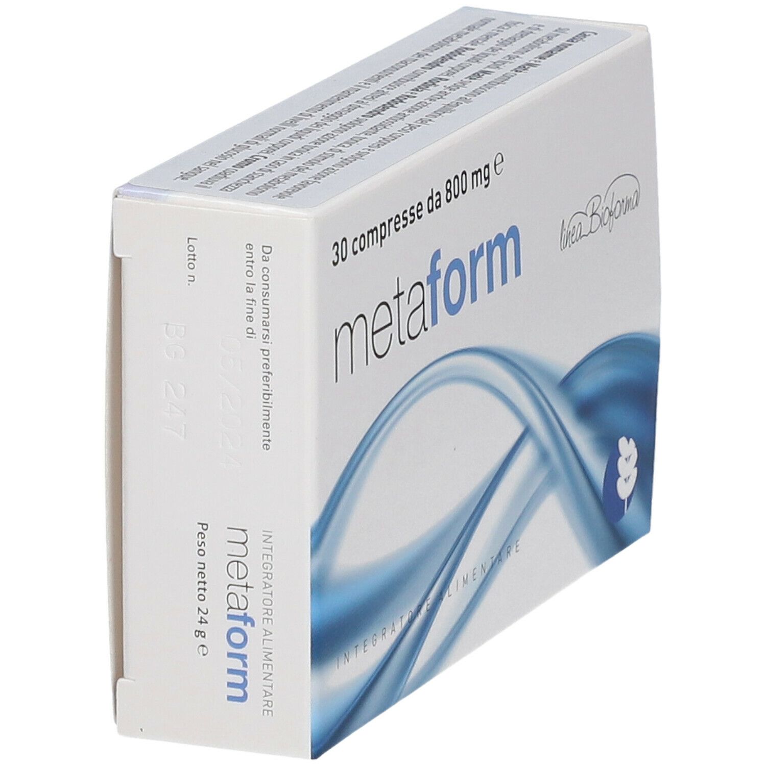 Scatola bianca "metaform". Contiene 30 compresse. Motivi blu ondulati e logo.